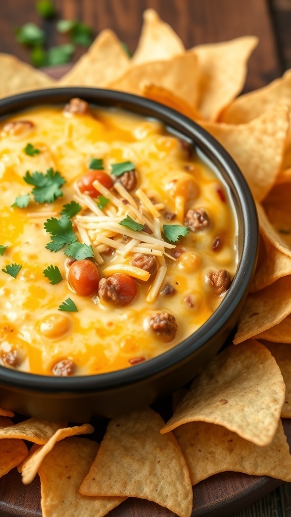 A bowl of hamburger queso dip with cheese and tomatoes, served with tortilla chips on a rustic table.
